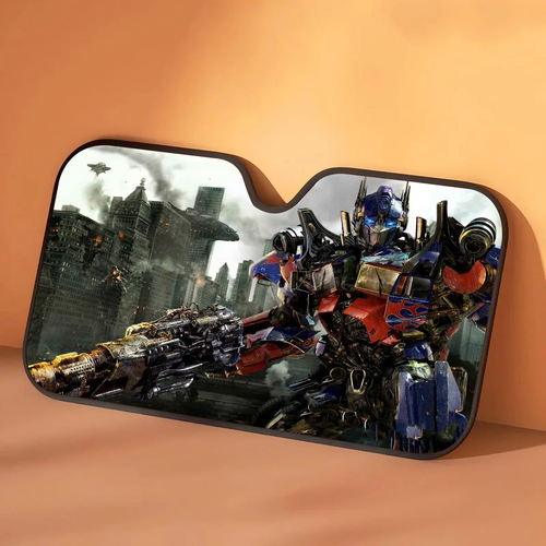 Transformers-zonnescherm Optimus Prime Stedelijke Strijd — zonwering voor de auto, grijze stad