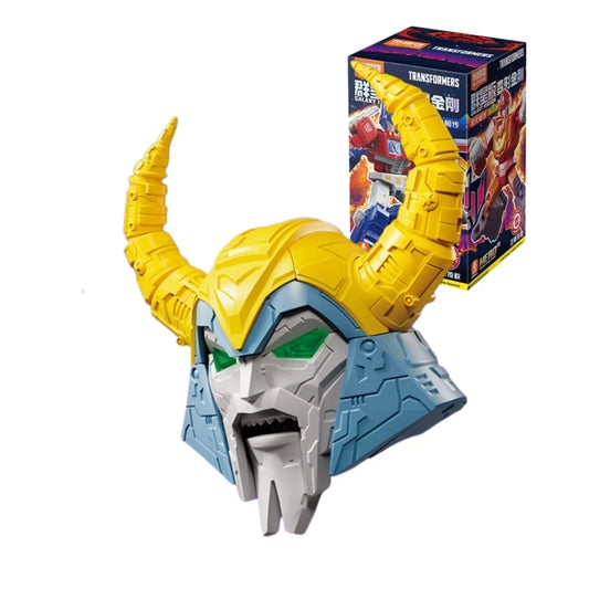 Buste van een gele en blauwe gehoornde Transformers-robot — Chromen Blokees-collectoritem