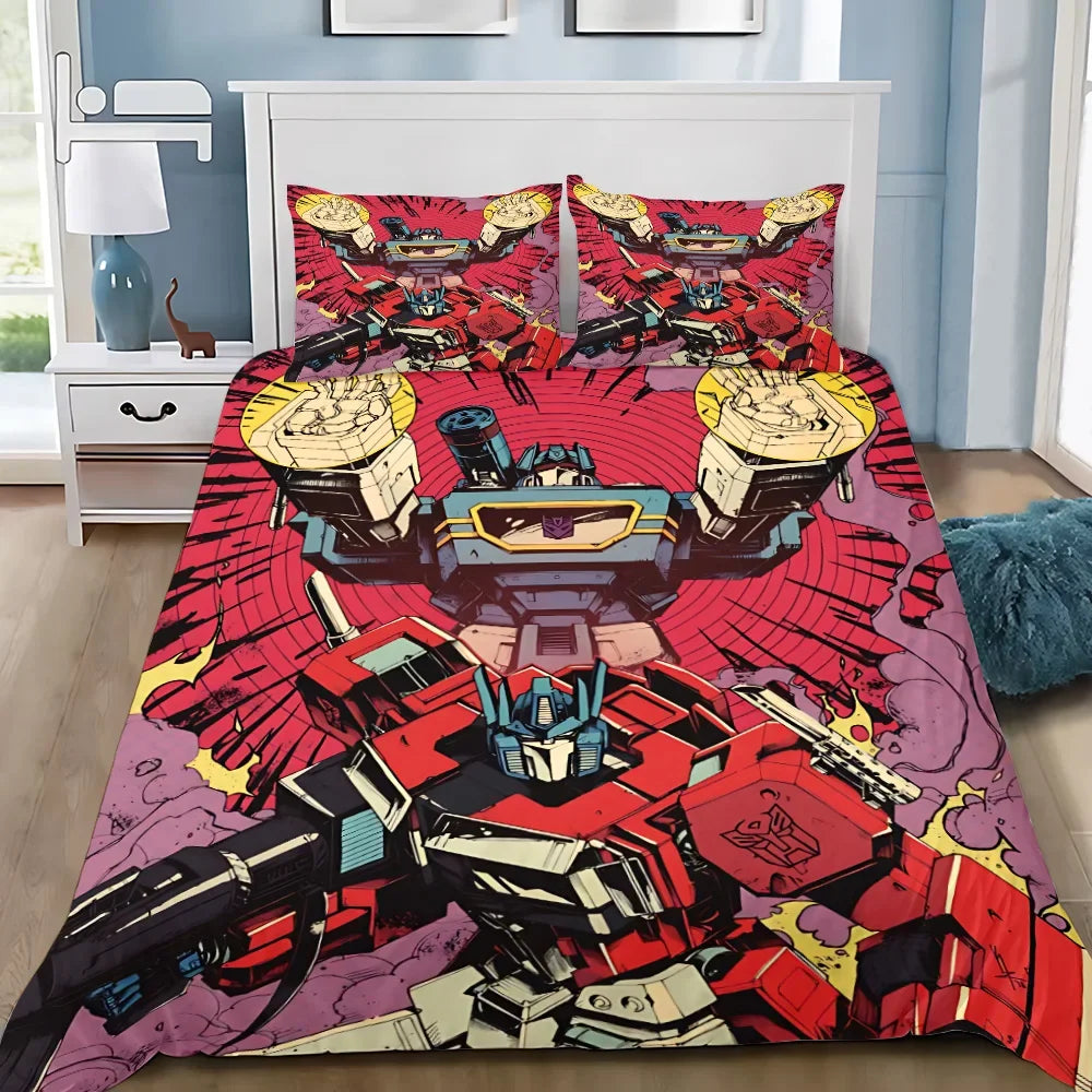 Parure de lit Transformers, imprimé robot rouge et noir, décor de bandes dessinées, fond rose – Transformers.