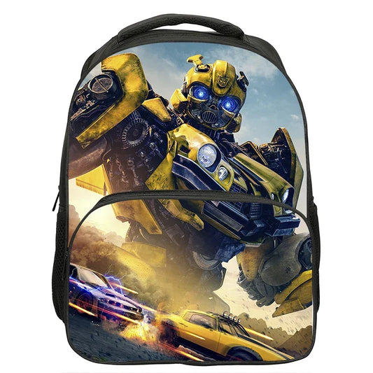Sac à dos avec Bumblebee jaune, deux voitures en course, ciel bleu, style dynamique – Transformers.