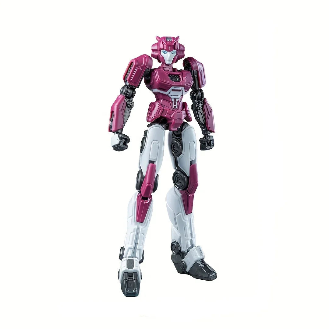 Figurine robot rose et blanc debout, style mécanique détaillé sur fond blanc – Transformers.