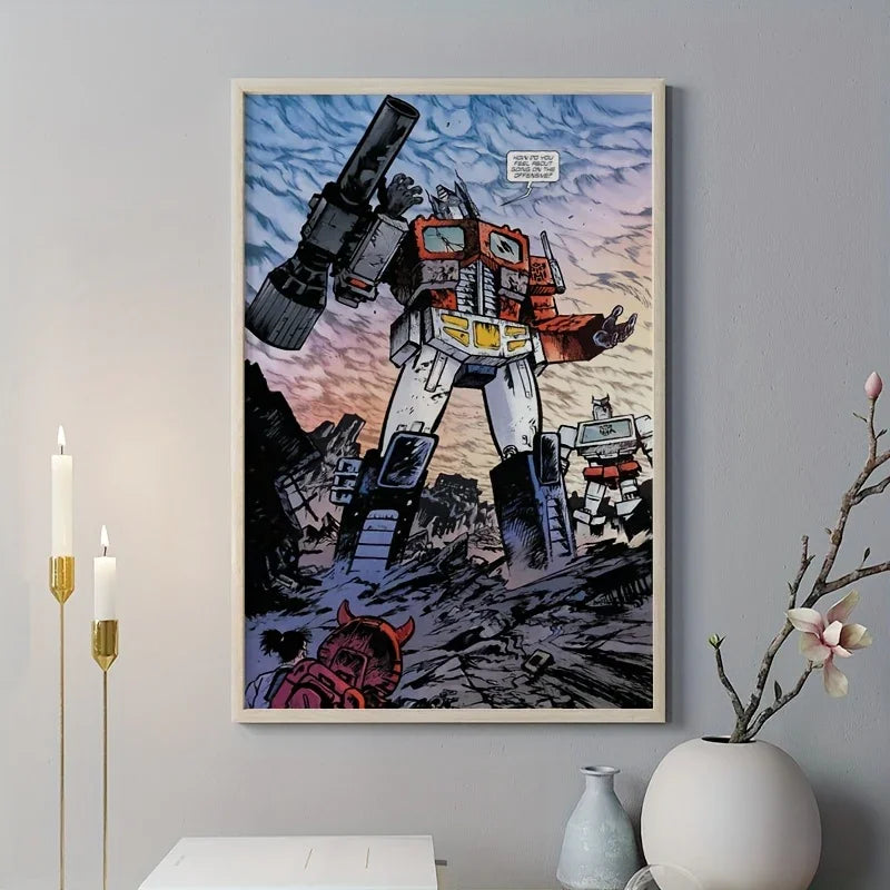 Affiche de Optimus Prime debout en avant-plan dans un décor de ruines, couleurs vives – Transformers.