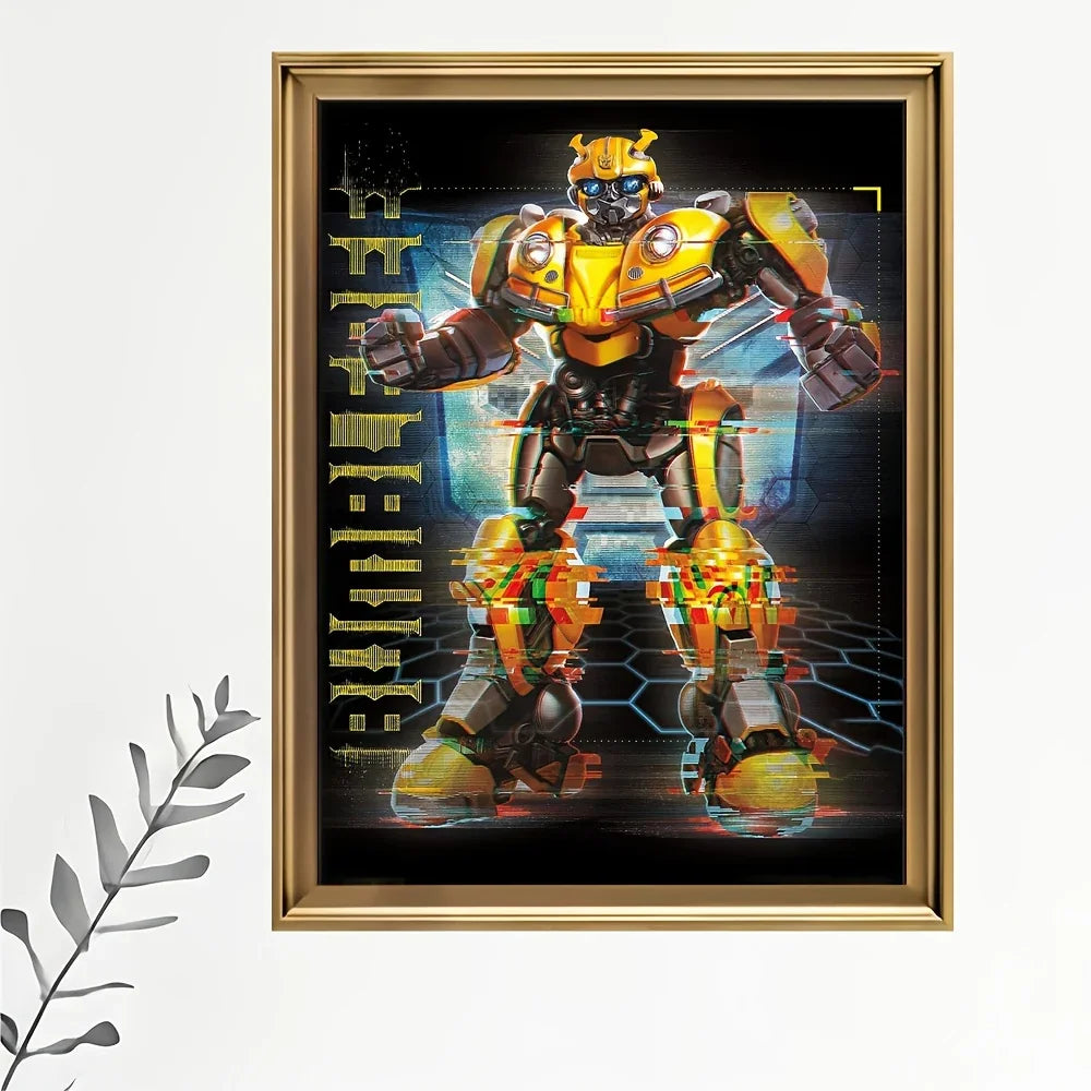 Affiche murale Bumblebee robot jaune debout, fond futuriste, cadre doré – Transformers.