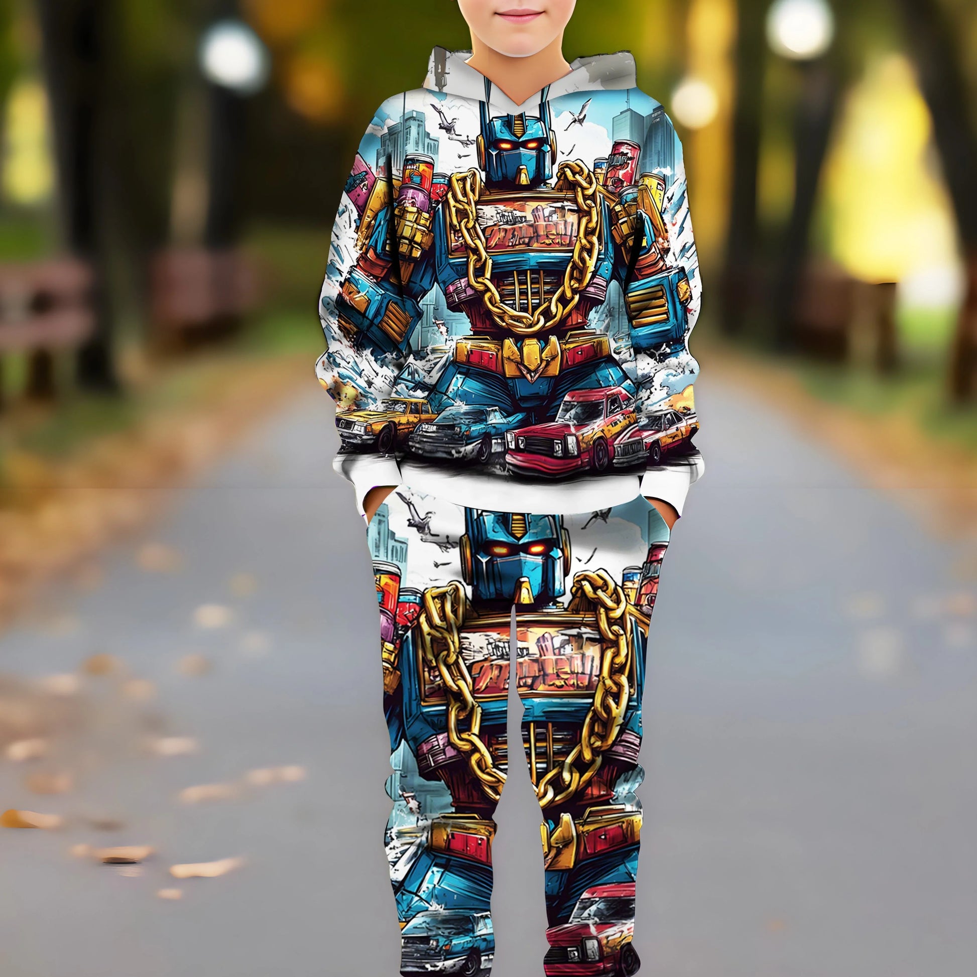 Ensemble enfant à capuche, motif robot bleu stylisé avec chaînes dorées et voitures colorées – Transformers.