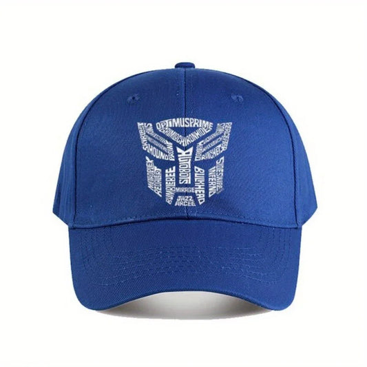 Casquette bleue avec logo Autobots en texte blanc et noms de personnages visibles – Transformers.